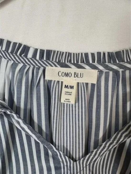 Como Blu Navy White Striped Tie Neck Peasant Blouse Top Womens Medium M - Picture 4 of 5